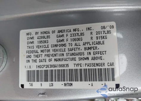 2009 Honda Accord Lx from USA, damaged, VIN 1HGCP263X9A196835